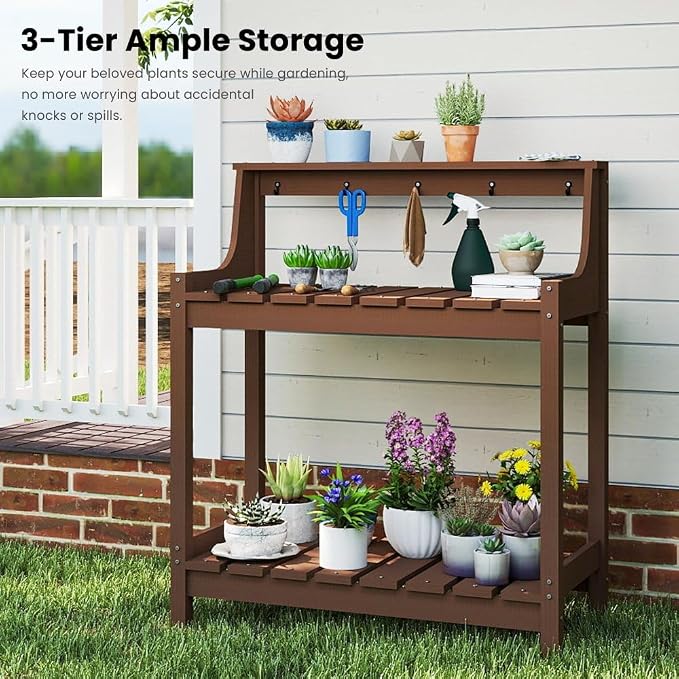 Potting Benches for Outside, HDPE Garden Potting Table All Weather, Outdoor Potting Table with Storage for Patio, Backyard, Garden, Brown