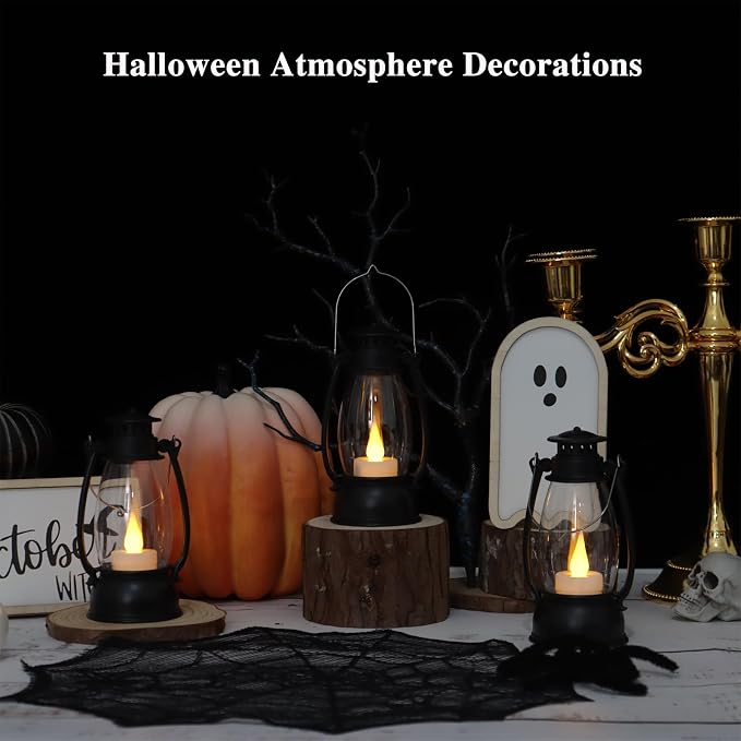 12PCS Black Mini Lanterns with Remote Control, 5.1" H/13cm (6.7" H with Handle) Vintage LED Lantern Decorative - Christmas Table Centerpieces, Western Party Decorations & Camping Party Decor