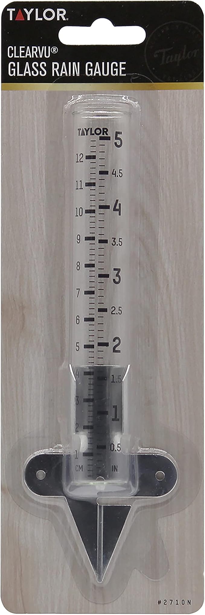 Taylor Rain Gauge Outdoor Glass 5 Inch Capacity - 2 Piece Set with Metal Ground Spike, Easy-Read Measurement Increments, Weather Resistant
