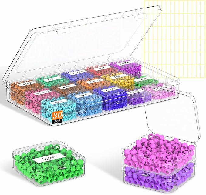Bead Organizer Box, 30 Pcs Clear Plastic Storage Containers Features Hinged Lid and Labels, Craft Storage Box for Jewelry, Diamonds, Clay Beads, Bracelets, Screws, Seeds, Small Parts