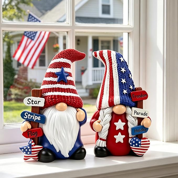 4th of July Gnome Decorations for Home 2 PCY Patriotic Desk Figurines Indoor Resin Collectible Statue Cute Holiday Ornament for Table Home