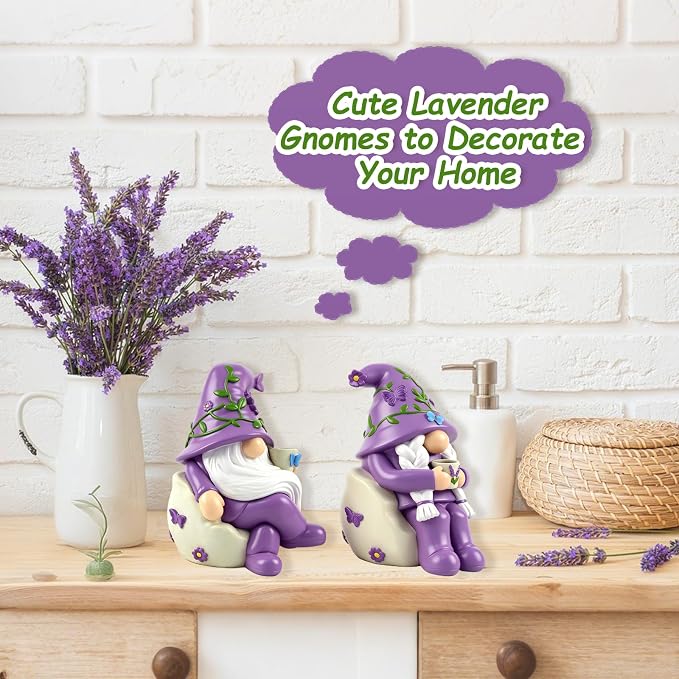 Lavender Gnome Garden Figurines 2 PCS Resin Summer Decorations Indoor Collectible Ornaments Outdoor Yard Decor for Table, Home, Shelf