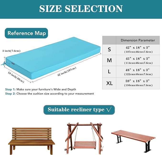 Outdoor Bench Cushions 48 x 18 Inch Thick Waterproof Porch Swing Cushions with Tie Patio Furniture Chair Cushion Bench Pad Color Fastness Backyard Seat Pads Teal