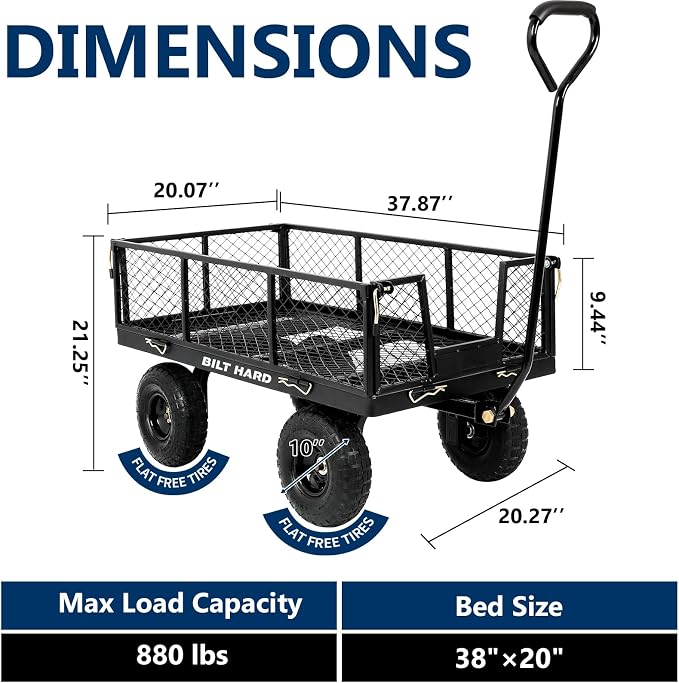 BILT HARD 880 lbs 10" Tires Steel Garden Cart with 180° Rotating Handle and Removable Sides, Heavy Duty 4 Cu.Ft Capacity Utility Garden Carts and Wagons, Black