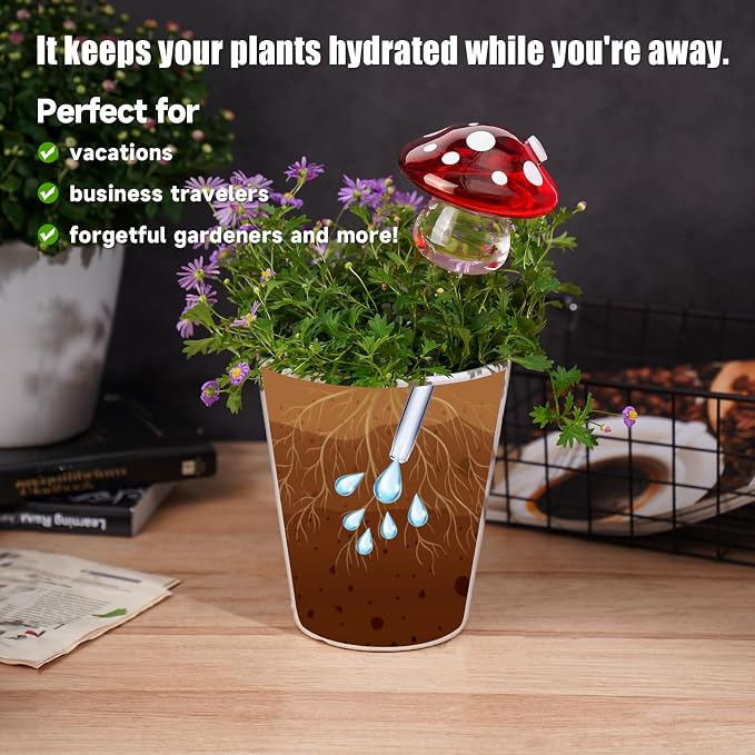 NiHome Glass Mushroom Plant Self Watering Globe Set of 3 Colors, Durable Hand-Blown Glass Bulbs Automatic Home Plant Hydration System for up to 3 Weeks, Easy Refill Design with Adjustable Flow Rate