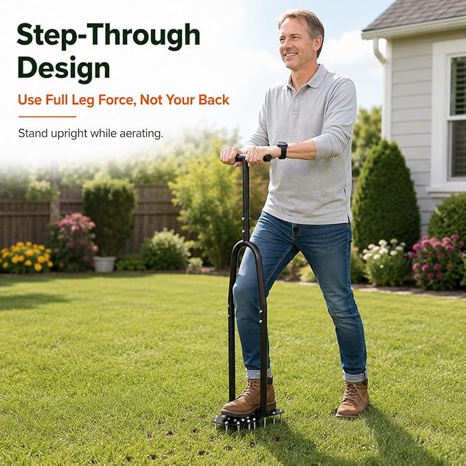 eWonLife Lawn Aerator Tool with Step-Through Pedal, 15-Spike Manual Aerator | Joint-friendly aeration with full-foot pedal, 15 spikes, 41-inch handle and durable steel construction