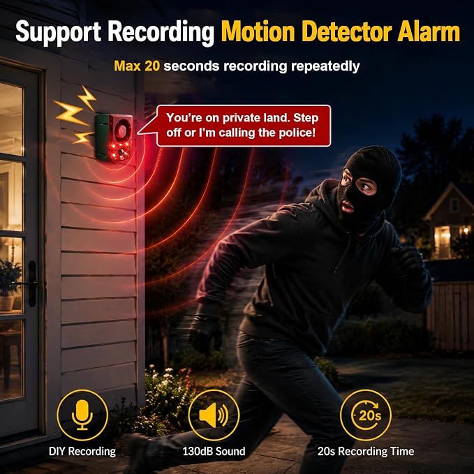 ChunHee Solar Outdoor Motion Sensor Alarm with Dog Barking Gunshot Sound, Support Recording and Adjustable Volume, 130db Loud Noise Maker 3 Work Modes Strobe Light for Home, Villa, Farm, Barn (2pack)