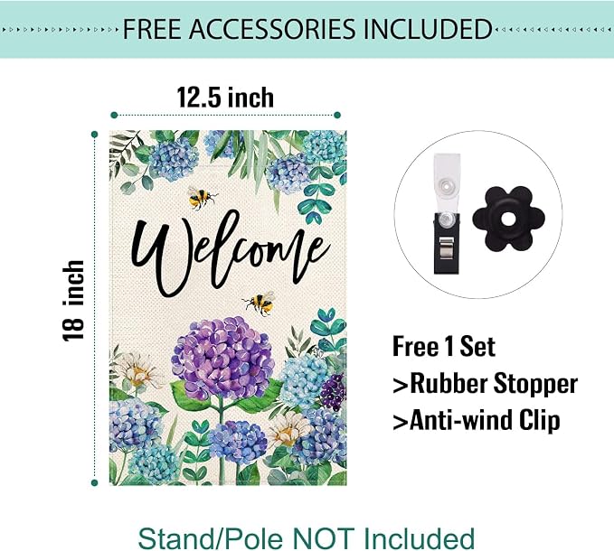 Baccessor Spring Summer Hydrangea Garden Flag Double Sided 12x18 Inch, Blue Purple Flower Floral Welcome Small Yard Flag Burlap Vertical Seasonal Farmhouse Yard Outdoor Decoration