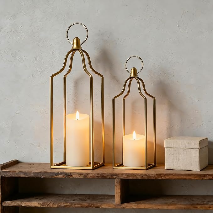 Rustic Farmhouse Decor Metal Lantern Set of 2 Decorative Lanterns for Home Indoor Outdoor Living Room, Fireplace, Patio, Wedding & Kitchen Table Centerpieces (Glod, 16.9" 14.5")