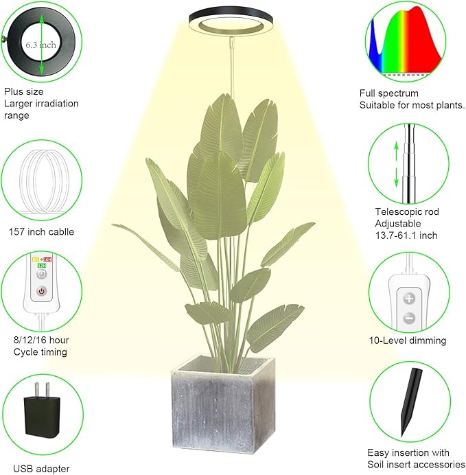 yadoker Plant Grow Light, LED Growing Light Full Spectrum for Indoor Plants,Height Adjustable, Automatic Timer, 5V Low Safe Voltage,Idea for Large Plant Light