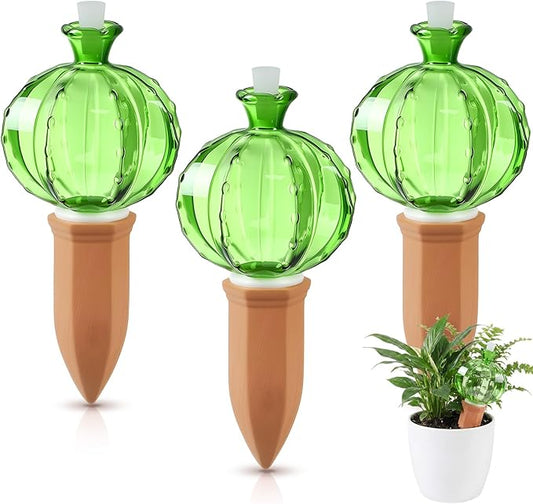 Teenyyou 3 Set Glass Self Watering Globes with Terracotta Self Watering Spike 12 oz Large Glass Waterer Bulbs Automatic Water Planter Insert Plant Water Device for Indoor Outdoor Plant(Green,Cactus)