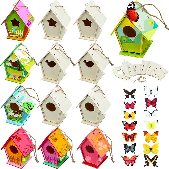 Outus 12 Pcs Wooden Birdhouse Craft Kits to Build, 4 Shapes Wooden Unfinished Bird House with Butterfly Sticker for and Arts Crafts Bulk Painting Kits(Classic Style,3.6×4 Inch)