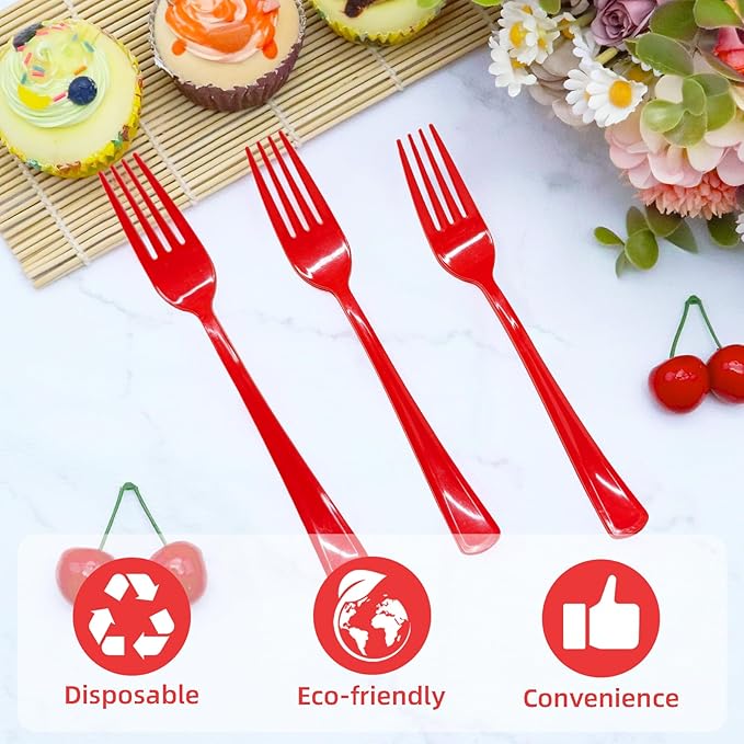50 PCS Red Plastic Forks, Red Plastic Silverware, Heavy Duty Plastic Utensils - 50 Disposable Forks for Valentine's Day, Brithday, Holiday