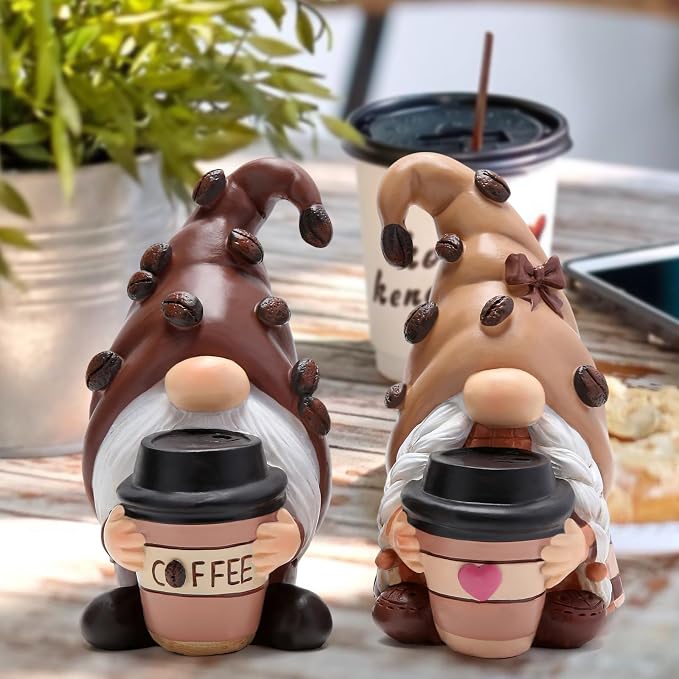 Hodao Coffee Gnome Figurines - Hand-Painted Resin Indoor Decor, Set of 2 Cute Cafe Bar Decorations, Perfect Shelves, Tiered Trays Ornaments, Ideal Gift for Coffee Lovers and Housewarming