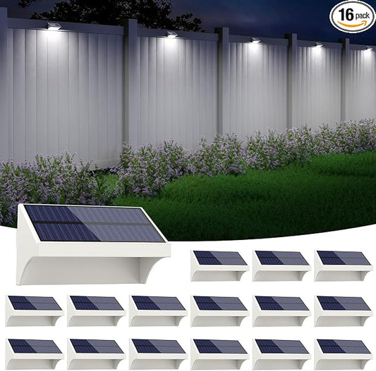 NIORSUN Outdoor Fence Lights, 16 Pack Waterproof LED Solar Fence Lights with 1500mAh Battery, Warm White/Cool White/RGB, Easy-to-Install Wall Light for Deck, Patio, Railing, Stairs, Backyard – White