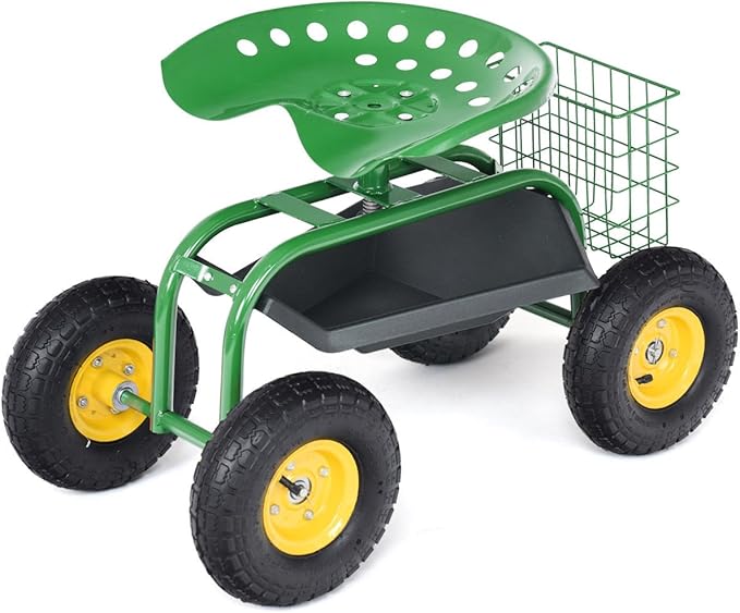 Giantex Rolling Garden Work Seat, 360 Swivel Gardening Workseat with Wheels, Tool Basket, Adjustable Height, Outdoor Scooter for Sitting, Gardening Stool Chair for Planting Trimming, Green
