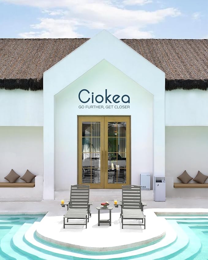 Ciokea Outdoor Chaise Lounge Chair Set of 2, Patio Lounge Chairs for Outside, HDPE Lounge Chairs with Wheels & Cup Holder, Poly Lounge Chair with 5 Position for Poolside, Deck, Grey
