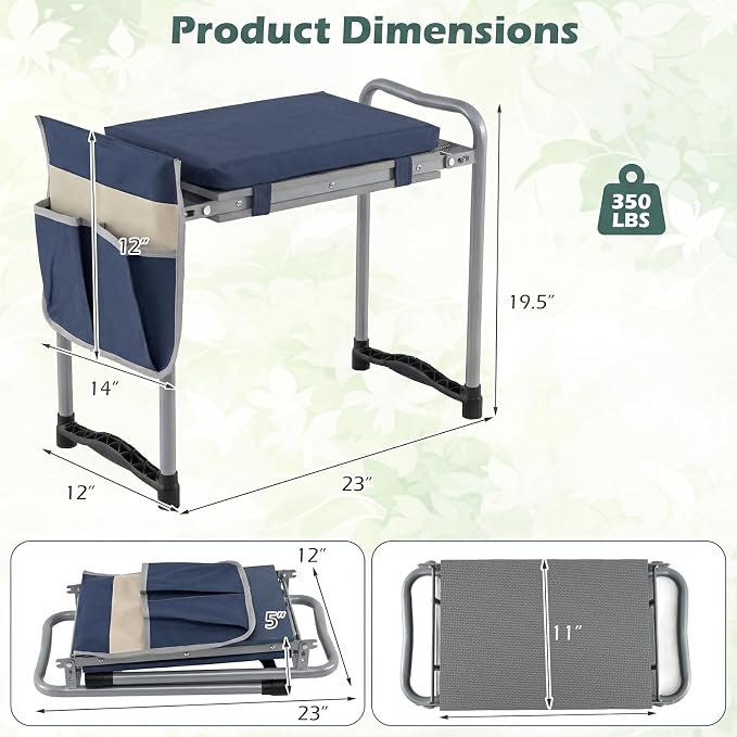 Goplus Foldable Garden Kneeler and Seat, 11" Wide 2-in-1 Gardening Bench, Detachable Thick EVA Foam Pad, 350 lbs Heavy-Duty Metal Frame, Tool Pouch, Portable Stool, Gardening Kit for Seniors (Blue)