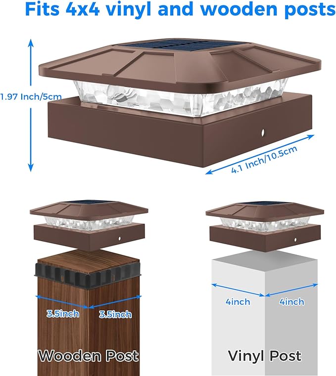 Peasur 4x4 Solar Post Cap Lights Outdoor with 3 Modes, 2 Packs Brown Fence Light Solar Powered Waterproof for 4x4 3.5x3.5 Wood/Vinyl Posts for Deck Yard Garden Patio Outside