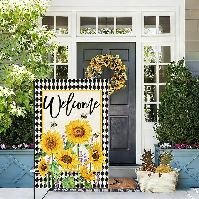 Baccessor Spring Summer Garden Flag 12.5x18 Inch Double Sided Burlap, Sunflowers Floral Flowers Welcome Holiday Front Yard Lawn Outdoor Outside Decoration