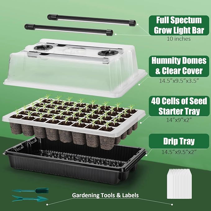 Seed Starter Tray Kit with Grow Lights, 1 Pack 40 Cells Seed Trays with Humidity Dome, Mini Greenhouse for Seeds Growing Starting Sprouting Germination