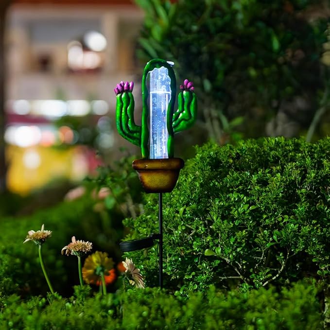 Stargarden Solar Rain Gauge Outdoor, Cactus Solar Powered Rain Gauge, 7 Inch Tube Rain Measure Gauge with Metal Stake, Decorative Rainfall Measurement for Lawn, Patio, Yard, Garden