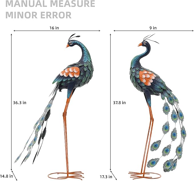 36" Oversized Peacock Decor Set of 2, Hand-Painted Metal Yard Art, Weatherproof Outdoor Garden Statues & Sculptures for Lawn, Flower Beds, Patio, Backyard or Indoor Kitchen & Home Decor