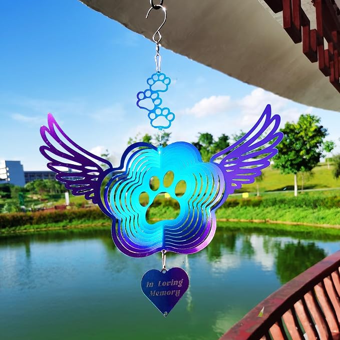 Pet Memorial Wind Spinners, Cat Memorial Gifts,Stainless Steel Angel Wings Pet Paw Print,Dogs and Cats Remembrance, Pet Sympathy,Pet Loss Bereavement Gifts