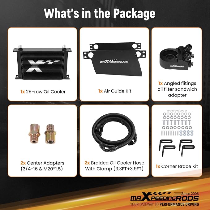 maXpeedingrods 25 Row Engine Oil Cooler Kit, 10AN Transmission Engine Cooler British Radiator Universal Aluminium Black, Thermostatic Oil Filter Sandwich Adapter, Air Guide Kit and Oil Cooler Hoses