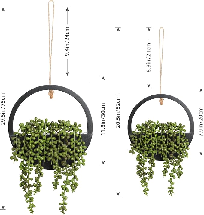Floweroyal 2pcs Artificial Succulents Hanging Plants 20.1'' Fake String of Pearls in Pot with 9.4'' Lanyard for Indoor Outdoor Wall Decor (Black)