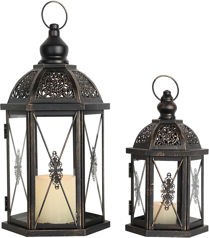 Large Lantern Decorative Outdoor & Indoor, Set of 2 (15’’&10’’) Metal Candle Lanterns Decor, Vintage Hanging Candle Holder for Front Porch Patio Wedding Farmhouse Home, Spring Decoration
