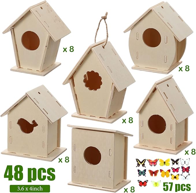 Sawysine 107 Pcs DIY Birdhouse Kits for Kids Ages 5-8 8-12, 48 Wooden Bird House Kits in 6 Shapes and 57 Butterfly Sticker for Children Summer Craft Art Activity, DIY Project(107,Multiple Entrance)