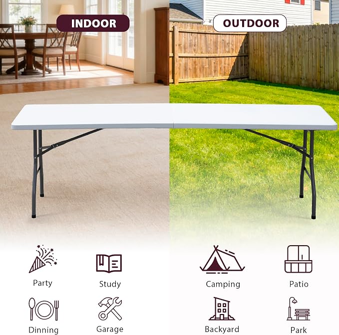 SUPER DEAL 8FT Folding Picnic Table for Indoor Outdoor, Portable Fold-in-Half Plastic Dining Camping Party Table with Carrying Handle