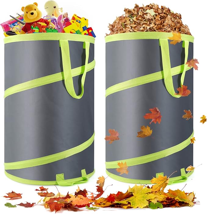 Altdorff Resuable Leaf Bag 2 Pack, Collapsible Trash Can for Camping, Garden Waste Bag Pop Up, 120L Large Yard Waste Container with Drain Holes and Drawstrings for Windy Days