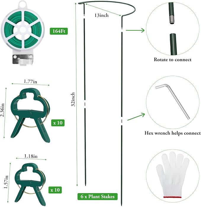Unves 6 Pack Peony Cage, 32" H x 13" W Half Round Ring Metal Plant Support Stakes, Heavy Duty Peony Cages and Supports for Indoor Outdoor Plants, Vegetables and Flowers with Clips, Ties and Gloves