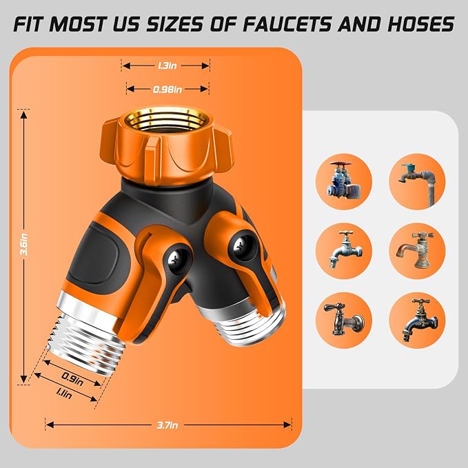 2 Way Garden Hose Splitter with Shut Off Valve,Water Spigot Splitter for 3/4" Hose Connector,Heavy Duty Metal Outdoor Faucet Splitter Y Connector with 3 Leakproof Washers & 1 tape-Orange