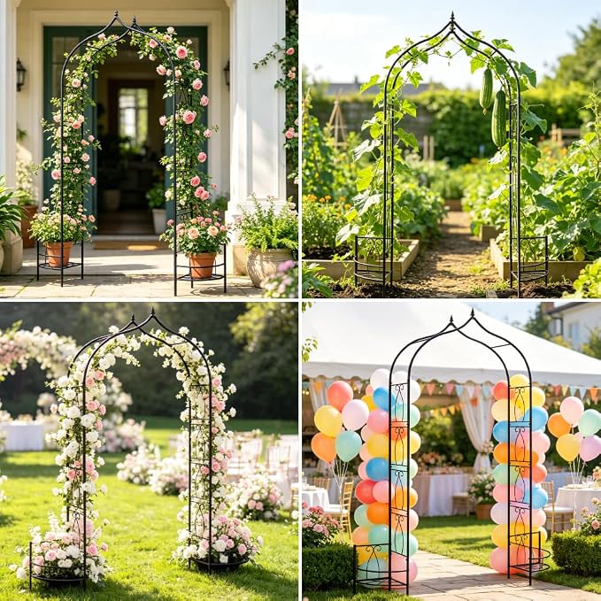 8Ft Garden Arched Trellis with Planter Boxes Heavy Duty Metal Garden Arbor | Thickened Metal Gothic Arbors for Climbing Plants Outdoor Wedding Arch for Ceremony Garden Trellises for Cucumber Rose Grape