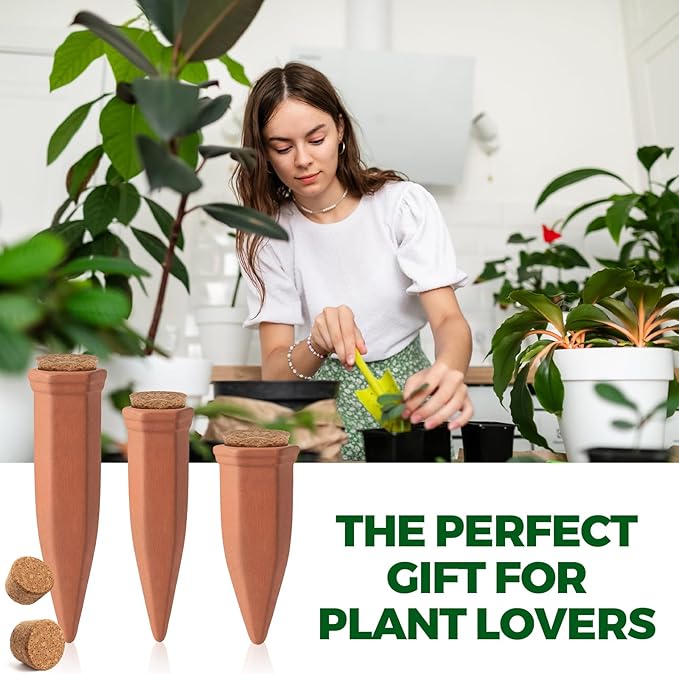 3 Pcs 4.9'' 5.9'' 6.7'' Terracotta Watering Spikes with Lid Automatic Plant Waterer Vacation Friendly Self Watering Planter Insert Plant Water Devices for Indoor Outdoor Plants, 3 Sizes