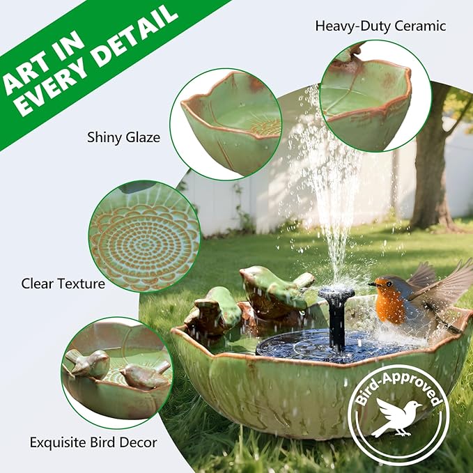 Ceramic Bird Bath for Outdoors, 10.1" Hummingbird Fountains Solar Power Ground Ceramic Bird Baths Bowl for Outside, Large Table Top Garden Décor for Patio, Yard & Home