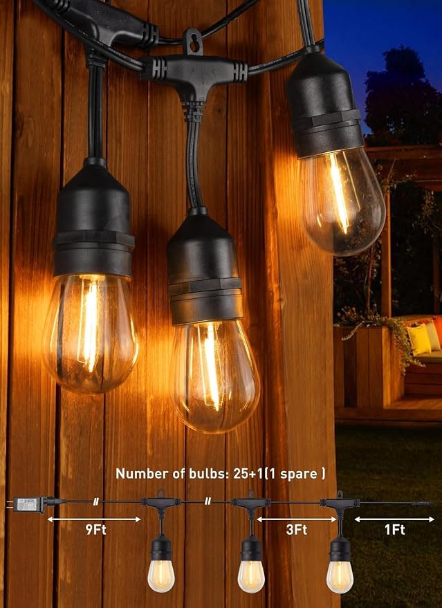 Brightown Outdoor String Lights, 82FT 25 Bulbs Shatterproof Patio Lights with Remote, IP65 Waterproof Dimmable Hanging Connectable LED Outdoor Lights for Backyard, Bistro, Porch, Deck, Balcony