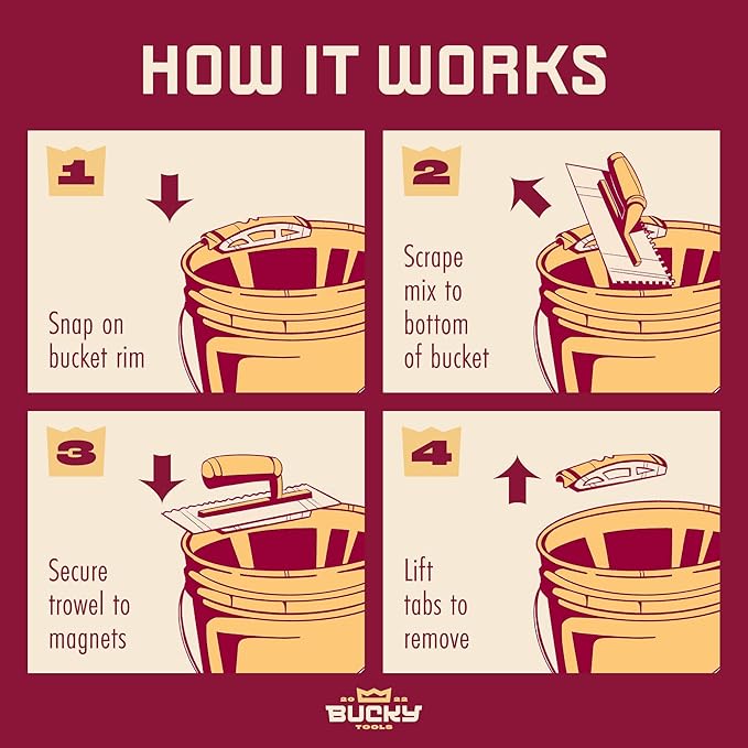 Bucky Scrape – Universal 5-Gallon Bucket Trowel Scraper for Tile Work, Stainless Steel Edge Preserves Wet Mix And Reduces Waste, Magnetic Holder Secures Tools
