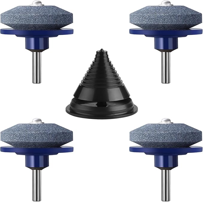 4PCS Lawnmower Blade Sharpener, Universal Rotary Lawn Mower Blade Sharpener with Balancer for Any Power Hand Drill (Blue)
