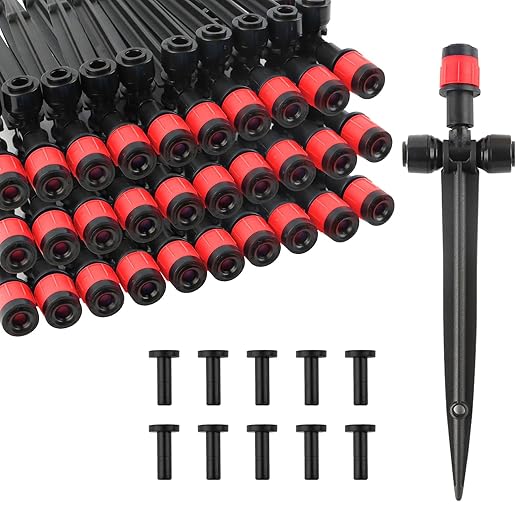 Kalolary Drip Irrigation Emitters, 30pcs Quick Connect Adjustable 360 Degree Water Emitters for for 1/4" Tubing, Durable Irrigation Drippers for Garden, Lawn, and Greenhouse Watering Systems(Red)