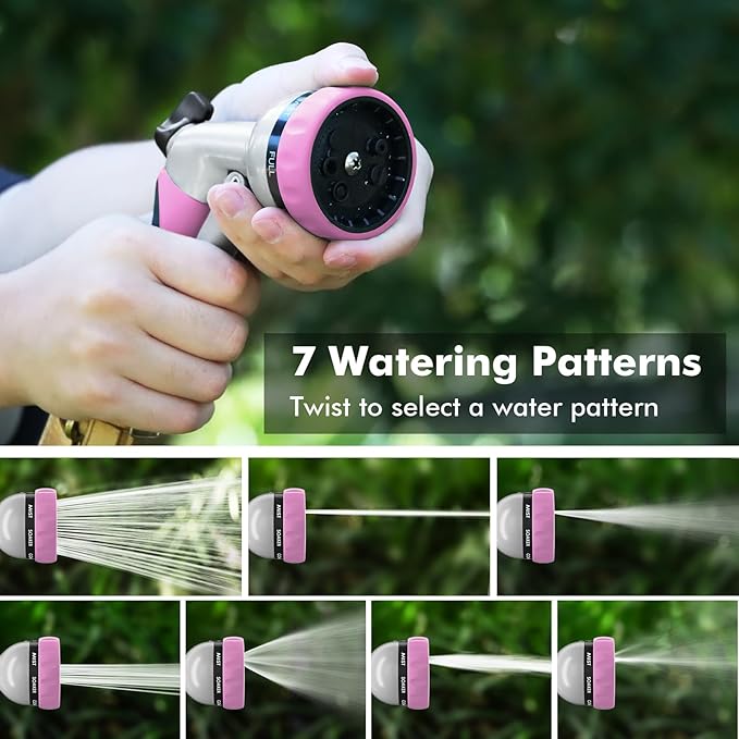 RESTMO Garden Hose Nozzle, Heavy Duty Metal Water Hose Nozzle with 7 Adjustable Spray Patterns, High Pressure Hand Sprayer with Flow Control, Best for Watering Plant & Lawn, Washing Car & Pet, Pink
