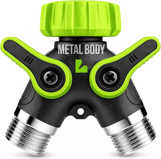 2 Way Hose Splitter Heavy Duty - Metal Y Garden Hose Splitter with Shutoff Valves, Brass Outdoor Faucet Adapter for Spigot, 3/4 Inch GHT Water Hose Connector - Black