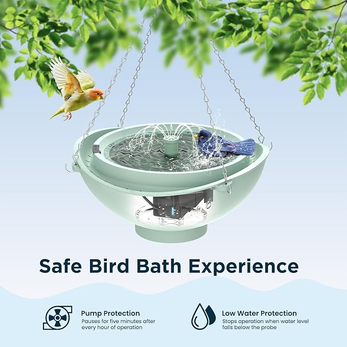 Rywell 4" Extra Deep Hanging Bird Bath, Solar Bird Bath Fountain with 3 Spray Modes - 2L Large Capacity, Quiet Pump with Filter & Auto Shut-Off for Outdoor Garden Yard Decor