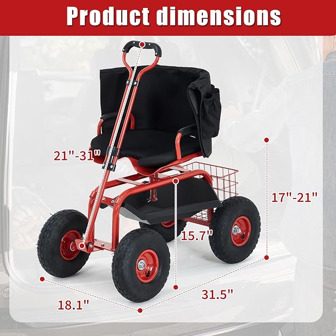 Rolling Garden Work Seat with Wheels, 300lbs Heavy Duty Garden Cart, 360° Swivel Adjustable Height Rolling Stool, Extendable Handle, Storage Basket & Tray for Gardening, Lawn Care, Adults & Seniors