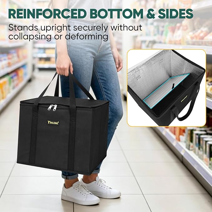 BALEINE 3Pk Insulated Reusable Grocery Bags, Foldable Shopping Bags for Groceries with Reinforced Bottom & Handles (Black)