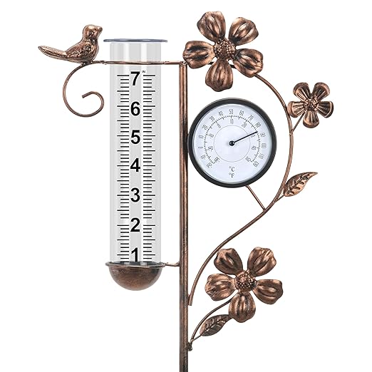 Rain Gauge Outdoor with Thermometer Garden Decor, Bird Decorative Outdoor Rain Gauges for Yard Patio Lawn Garden