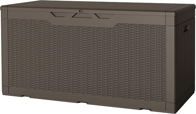 JUMMICO 100 Gallon Resin Deck Box, Waterproof Outdoor Storage Box with Lockable Lid for Garden Tools, Patio Cushions (Brown)